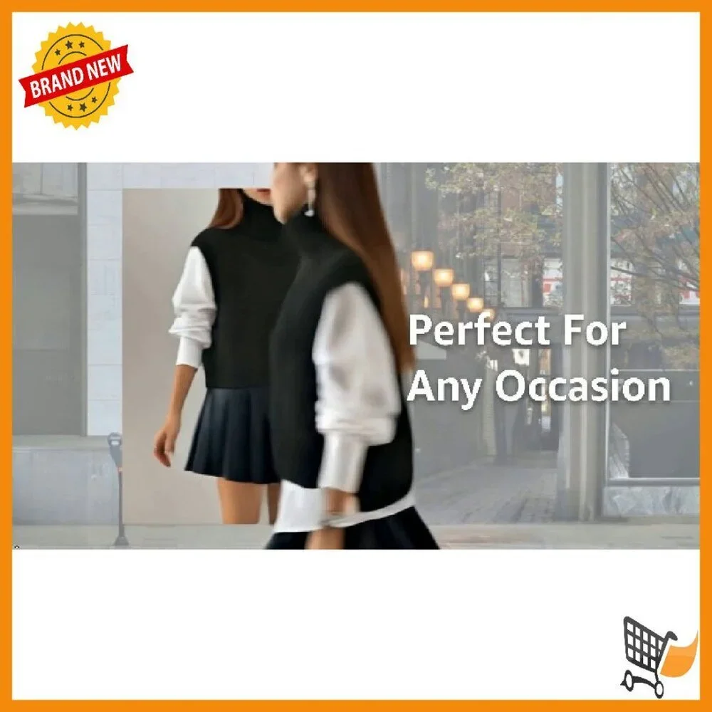Cotton Blend Turtleneck Crop Sweater Vest Sleeveless Loose Fit
